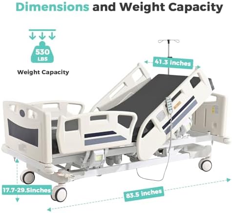 Premium 3 Function Full Electric Hospital Bed,Adjustable Medical Bed | 550LBS,4.7" Waterproof Mattress,Adjustable Height,One-Click CPR,Iv Pole,Germany Moter for Home Use Hospital Nursing Clinic