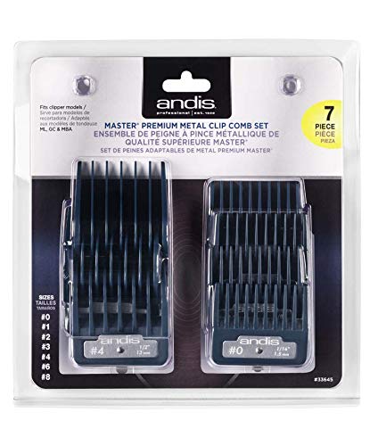 Andis Master Series Clipper Guard Comb Set, Fits ML, MLC, LCL & US-1 | 7-count metal-clip attachment combs, sizes 1/16in to 1in, easy to clean