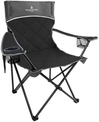Black Sierra Quilted Padded Camping Chair, Oversized Heavy Duty Outdoor Lounge Seat Supports 300 lbs, Portable, Folding with Cup Holder for Beach, Tailgating, Sports, Patio