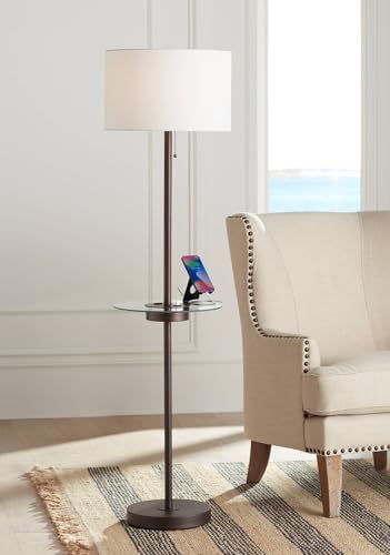 360 Lighting Caper 60 1/2" Tall Nickel Tray Table USB and Outlet Floor Lamp | Modern with AC Power on Glass 5 Satin White Fabric Drum Shade for Living Room Reading House Bedroom