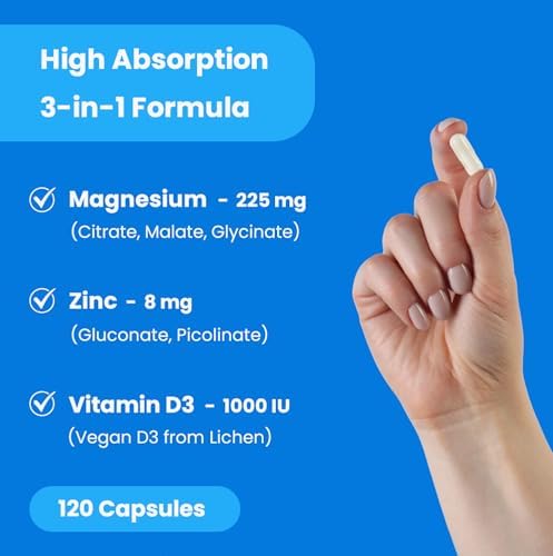 Magnesium Zinc & Vitamin D3 Supplement - Most Bioavailable Forms, Magnesium Glycinate, Malate, Citrate - Bone, Muscle & Heart Health