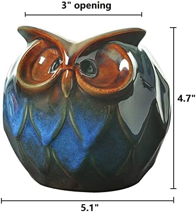 GeLive Blue Owl Ceramic Succulent Planter with Drainage Hole Animal Plant Pot Tabletop Decoration Vase Window Box Indoor Outdoor Decor (Blue)