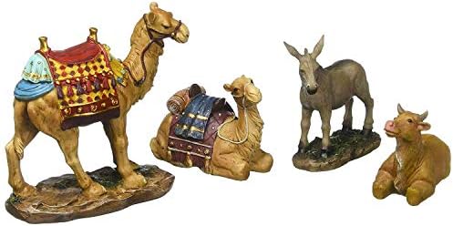 Three Kings Gifts Nativity Animals Set, 4-Piece Polystone Standing and Sitting Camels, Donkey, and Ox Figures, Flat Bottom Base Collectibles for 14-Inch Scale Nativity Scene