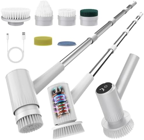 Electric Spin Scrubber – 5-Hour Battery, 6 Brush Heads, No Bending with 47" Extendable Handle