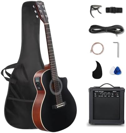 GLARRY 36in Acoustic Electric Guitar Beginner Kit with 15W Amp, 5-band EQ Dreadnought Design 6 Strings Electric Acoustic Guitar with Bag, Strap, Picks