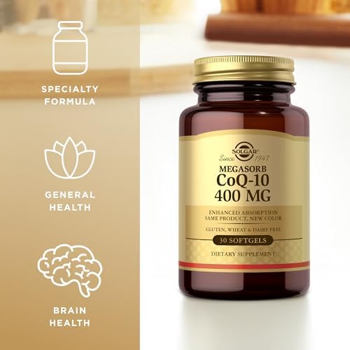 Solgar Megasorb CoQ-10 400 mg, 60 Softgels - Supports Brain Function | Coenzyme Q10 Supplement, Enhanced Absorption, Non-GMO, Gluten Free, Dairy Free - 60 Servings