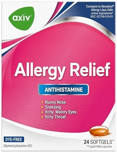 AXIV Allergy Relief Softgels, Antihistamine Medicine & Cold Symptom Relief, Dye-Free Liquid Gels, 25 mg Diphenhydramine HCl, Runny Nose, Sneezing, 24 Count (24 Softgels)