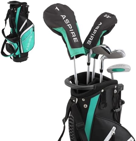 Aspire Junior Plus - Kids Complete Golf Club Set | Aircraft-Grade Aluminum, 15% Larger Clubhead, 7 Iron & Pitching Wedge, Progressive Flex Shafts, Rain Hood, 2 Headcovers