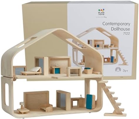 PlanToys® Green Wooden Dollhouse with Solar Panel, Wind Turbine & Furniture | recycling system, eco-friendly doll house, sustainable pretend play, kids, girls, environmental learning gift for boys