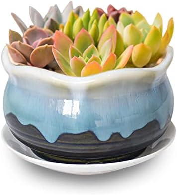 Dahlia 8.3'' Inch Large Shallow Drip Glazed Ceramic Planter/Succulent Pot/Plant Pot, Green