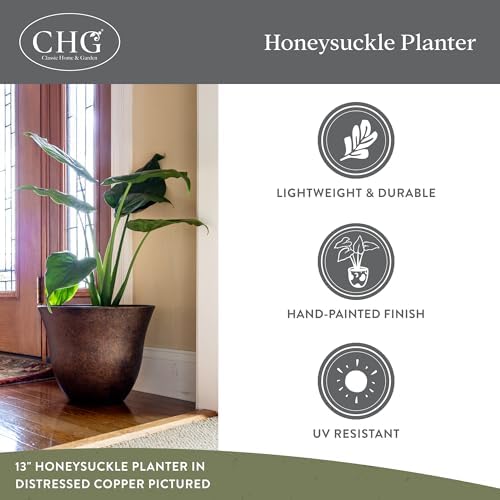 Honeysuckle Resin Planter, Durable Garden Pot, 13" Grained Beige | Hand-Painted Finish Plant Pots, Lightweight Indoor Outdoor Planter, UV-Resistant