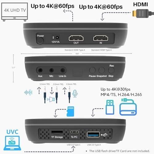 UHD Pro, 4K Video Recorder, HDMI Capture DVR with H.265/H.264 Codec, Cinematic 24fps Recording(Up to 30fps), 4K@60fps Passthrough