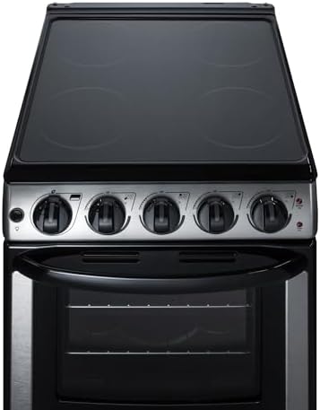 Summit 20” Electric Range, Stainless Steel and Black- REX2071SSRT | 2.3 cu.ft. Capacity Oven, Smooth Glass CookTop, 4 Burner Range, 220VOLT
