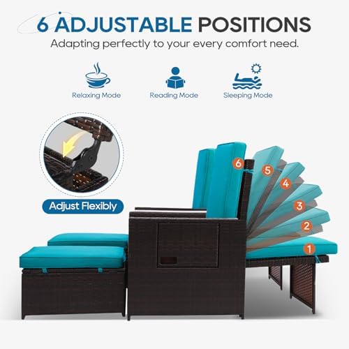 5PCS Outdoor Wicker Chaise Lounge Chair - Rattan Adjustable Reclining Patio Lounge Chair with Ottoman and Coffee Table