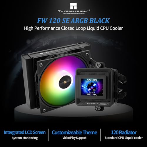 Thermalright FW SE 120 ARGB Black AIO Water Cooler, Liquid CPU Cooler, 2’’ LCD Screen-320x240 Resolution, 2000RPM High Speed