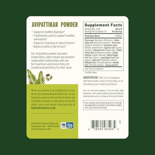 Banyan Botanicals Avipattikar Powder – Organic Digestion Supplement with Ginger, Cardamom & Vidanga ­­– Supports Healthy Stomach Acid Balance* – ½ lb. – Non-GMO Sustainably Sourced Vegan
