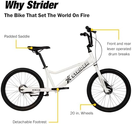 Strider 20x Convertible Balance Bike, Easy Assembly, Ages 8+, White | Lightweight Aluminum Frame with Kickstand, No-Pedal, Dual Drum Handbrakes
