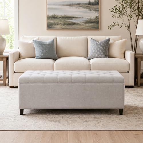Madison Park 49" Upholstered Storage Bench, Button Tufted End of Bed Bench with Storage, Dual Spring Soft-Close Lid, Bedroom Bench for Queen King Bed, Entryway Living Room, Grey