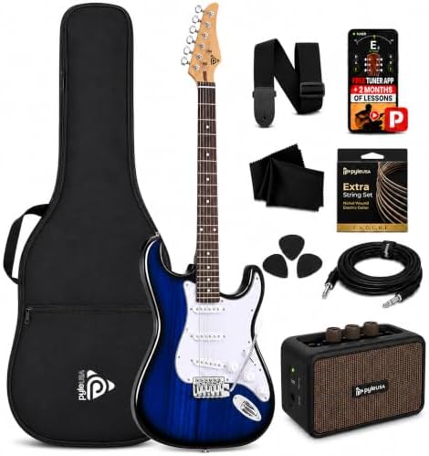 Pyle Electric Guitar and Amp Kit - Full Size 39" Complete Starter Kit with Wearable Bluetooth Amplifier, 1/4” Cable, Carry Case, Strap, Strings, Picks, Cleaning Cloth, ST-Style Pickups (Black)