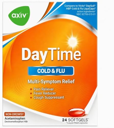 AXIV Daytime Multi-Symptom, Daytime Cold and Flu Relief Softgels, Non-Drowsy Cold Medicine, Relief of Pain, Sore Throat, Minor Aches and Pains, Fever, Cough, 24 Count
