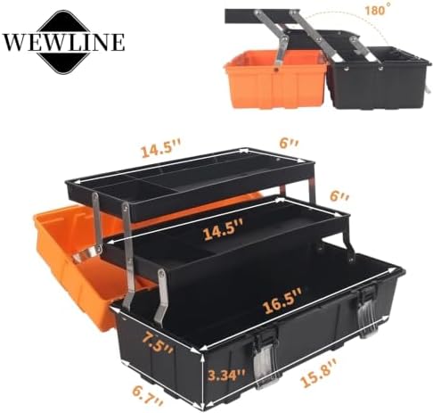 WEWLINE 16.5-Inch Tool Box Organizer 3-Layer Multiplication Plastic Storage Toolbox with Portable Handle Perfect for Home Office Car Trunk Fishing