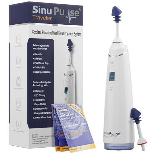 SinuPulse Traveler with 30 Sinuair Packets - Cordless Pulsating Nasal Irrigation Sinus Rinse System, Space Saving Cleaner & Relief Machine for Travel
