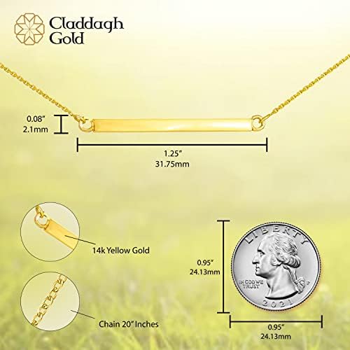 14K Yellow Gold 1-1/4" Horizontal Bar Style Pendant Rolo Chain Necklace - Choice of Chain Length