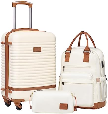 Coolife Luggage Set Carry On Suitcase, 3 piece, White(BP/TB/20) | 360° Spinner Wheels, Multi-Functional Pockets with USB, Smart Trolley Sleeve