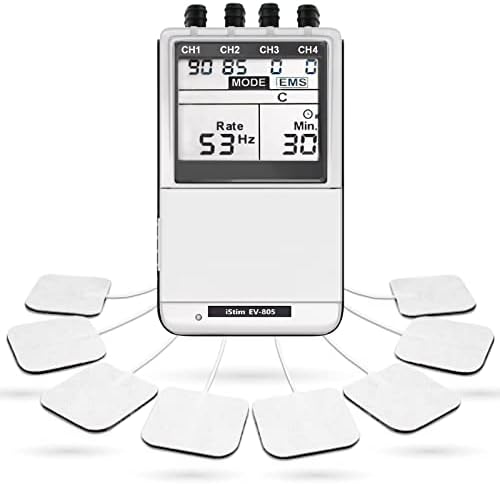 iSTIM EV-805 TENS EMS 4 Channel Rechargeable Combo Machine Unit - Muscle Stimulator + Back Pain Relief and Management- 24 Programs/Backlit
