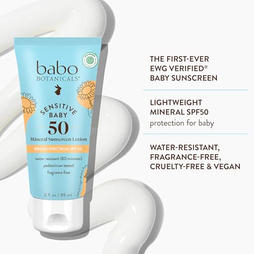 Babo Botanicals Sensitive Baby Mineral Sunscreen Lotion SPF50 - Natural Zinc Oxide - Face & Body - Fragrance-Free - Water-Resistant - EWG Verified