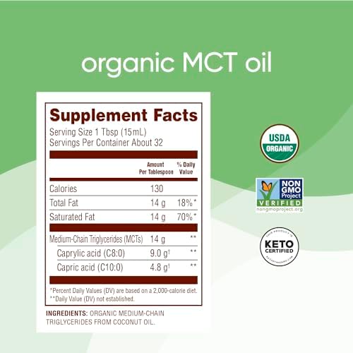 Nutiva Organic MCT Oil, Unflavored, 32 Oz, USDA Organic, Non-GMO, Non-BPA, Whole 30 Approved, Vegan, Gluten-Free & Keto, 14g MCT per Serving & Neutral Flavor for Energy Boost to Coffee, Shakes and Salads
