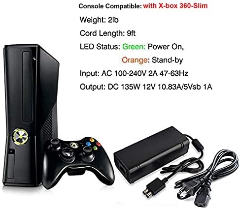 Power Supply for Xbox 360 Slim AC Adapter, Non-OEM Replacement, Global Voltage, LED Indicator, 135W, 12V-10.83A