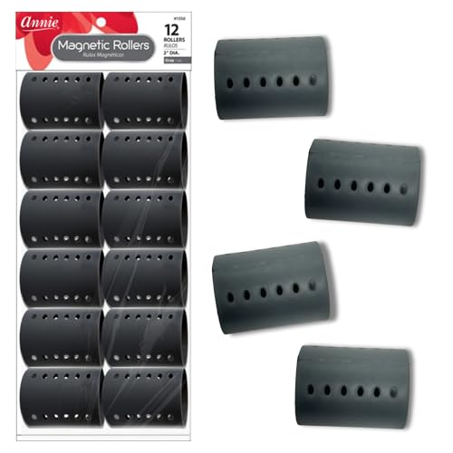 Annie Magnetic Hair Rollers 2 Inch, 12 Count Gray Curlers for Smooth Curls & Waves, Easy Dry or Damp Sets, Secure Comfortable Fit, Use with Pins/Clips