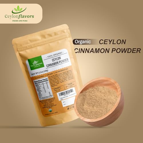 Ceylon Flavors Organic Ceylon Cinnamon Powder, Premium Special Grade, Non GMO, Harvested from a USDA Certified Organic Farm in Sri Lanka (3.5 oz)
