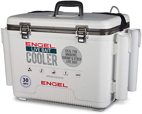 Engel 30qt Live Bait Cooler Box with 2nd Gen 2-Speed Portable Aerator Pump and 4 x Fishing Rod Holder Attachments. Fishing Bait Station and Minnow