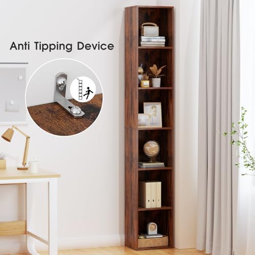 6-Tier Tall Narrow Bookshelf, 70.5" Skinny Thin Bookcase, Brown | Corner Shelf Slim Storage Cabinet