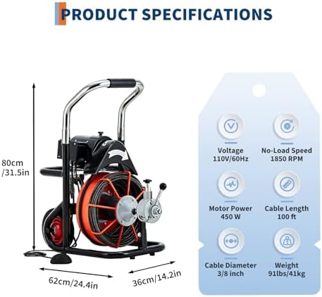 100FT x 3/8 Inch Drain Cleaning Machine with 10 Cutters & Air-Activated Foot Switch, Auto Feed Drain Snake Auger on Wheels