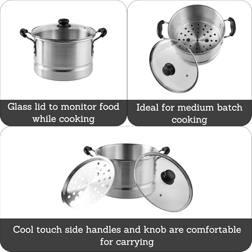 IMUSA USA MEXICANA-410 Aluminum Steamer with Glass Lid 10-Quart, Silver, 10Qt | Brushed Finish, Cool-Touch Handles with Glass Lid, Ideal for Tamales, Great for Family Meals