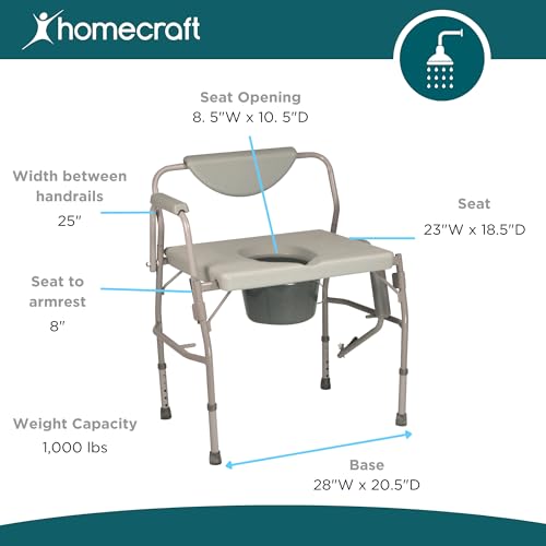 Homecraft Deluxe Bariatric Drop Arm Commode, 1000 lb Weight Capacity, Extra Wide Seat with Adjustable Height, Bedside or Over Toilet Use