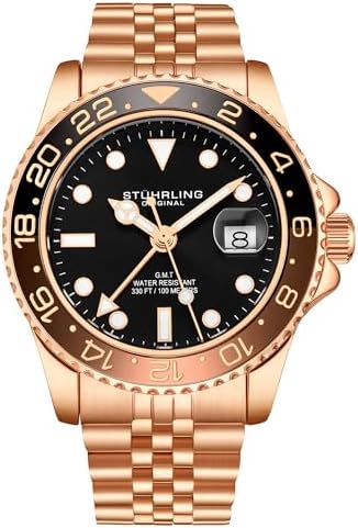 Stuhrling Original Men's Stainless Steel Jubilee Bracelet GMT Watch Quartz - 42mm Quartz Analog Wrist Watch for Men, Mens Quartz Watch, Stainless Steel Case, Casual Work Watch, Water Resistant Watch