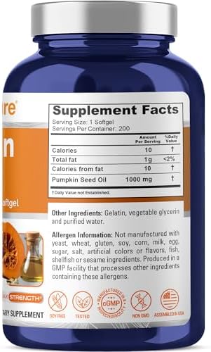 Pumpkin Seed Oil, Non-GMO, Soy Free, 1000mg, 200 Softgels - 200 Servings | Natural Source of Phytosterols, Fatty Acids, Suitable for Adults