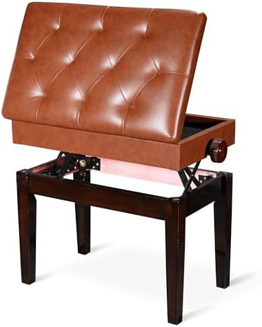 AW Adjustable Piano Bench with Storage Brown Wooden Keyboard Stool Seat | Leather Cushion Paino Chair for Piano Shop Music School Studio Capacity 400lbs