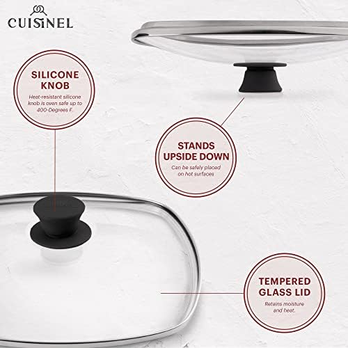 Cuisinel Cast Iron Square Grill Pan + Glass Lid + Pan Scraper + Handle Cover - 10.5" Pre-Seasoned Ridged Skillet - Grill, Stovetop, Fire