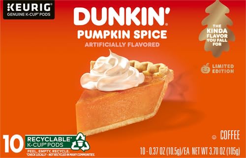 Dunkin’ Pumpkin Spice Artificially Flavored Coffee, 10 Keurig K-Cup Pods | Limited edition fall flavor, Notes of cinnamon & nutmeg sweetness