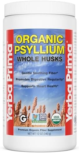 Yerba Prima Organic Psyllium Whole Husks 12 oz - Natural Dietary Fiber Supplement, Non GMO, Gluten Free, Keto and Vegan Friendly for Regularity Support, Unflavored