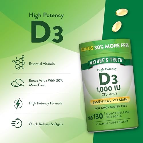 Nature's Truth Vitamin D3 1000 IU Softgels | High Potency Formula | 25 mcg