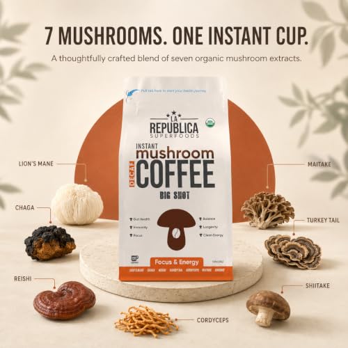 La Republica DECAF Organic Mushroom Coffee (35 Servings) with 7 Superfood Shrooms, Great Tasting Instant Mix Includes Lion's Mane, Reishi, Chaga, Cordyceps, Shiitake, Maitake, and Turkey Tail (Decaffeinated)