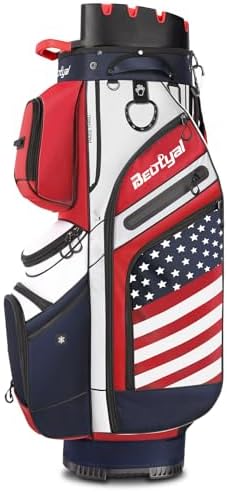 T Lock Golf Cart Bag, 14 Way Full Length Divider Golf Bag for Men | USA Flag Design, 14 Way Full Length Dividers, T Lock Compatible, Cooler Pocket