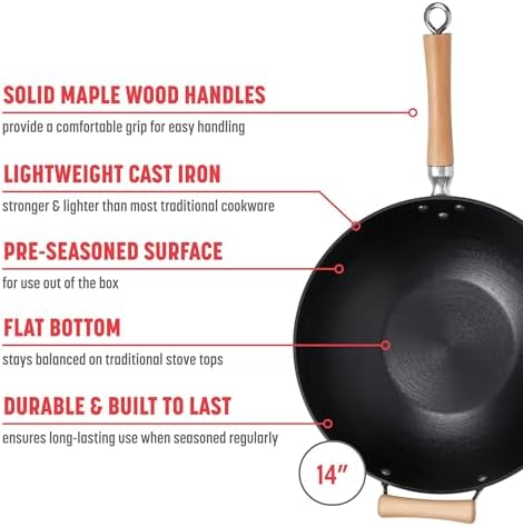 JOYCE CHEN Professional Series 14-Inch Cast Iron Wok with Maple Handle