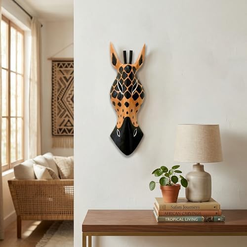 G6 Collection Wooden Tribal Giraffe Mask Hand Carved Wall Plaque Hanging Home Decor Accent Art Unique Sculpture Decoration Handmade Gift Handcrafted Decorative Mask (20" Tall)